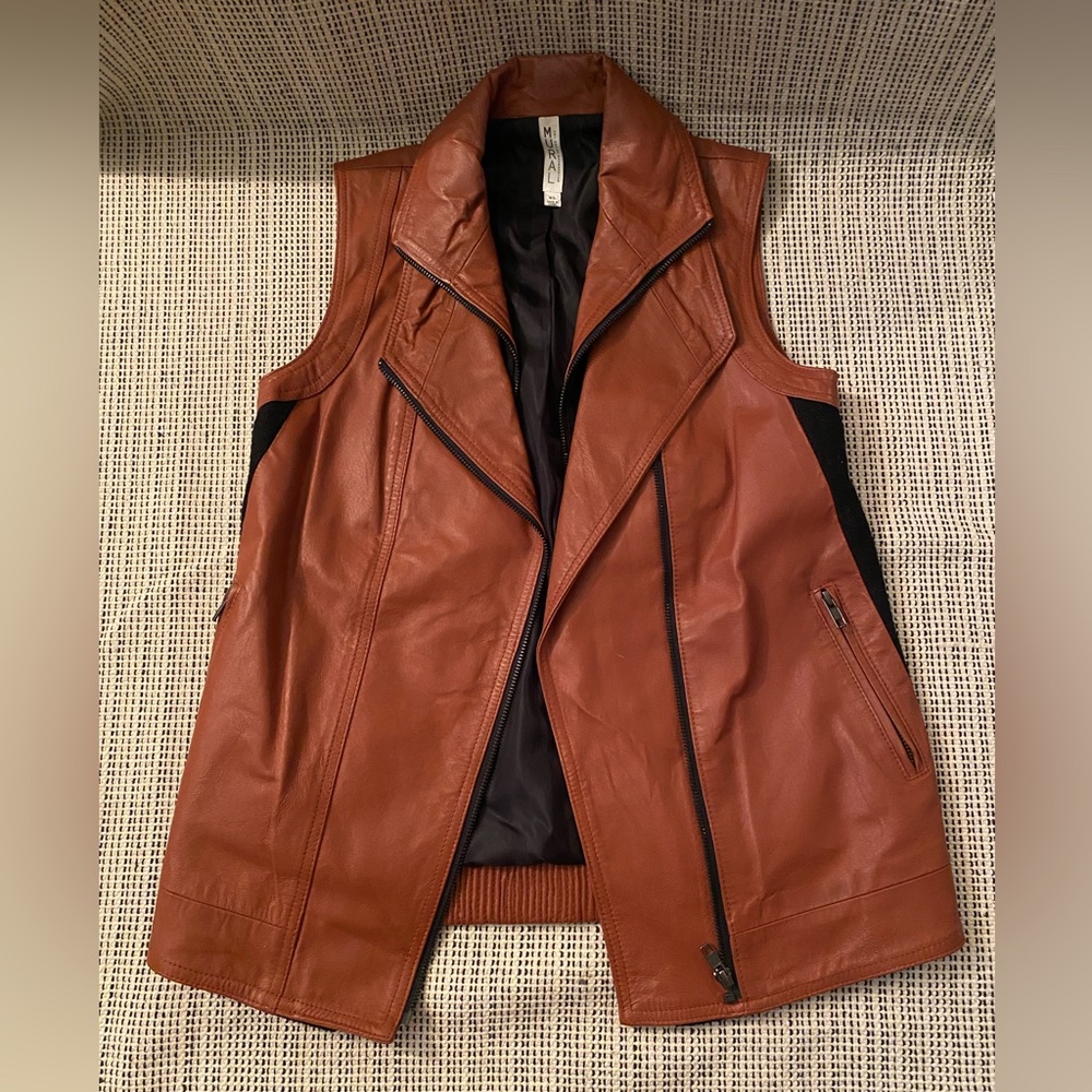Mural double Zip Leather Motorcycle Vest, Tan, Black, Size Extra Small